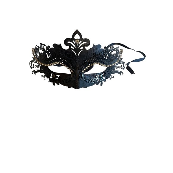 Black & Silver Venetian Masquerade Metal Mask Rhinestones Halloween - Picture 1 of 3